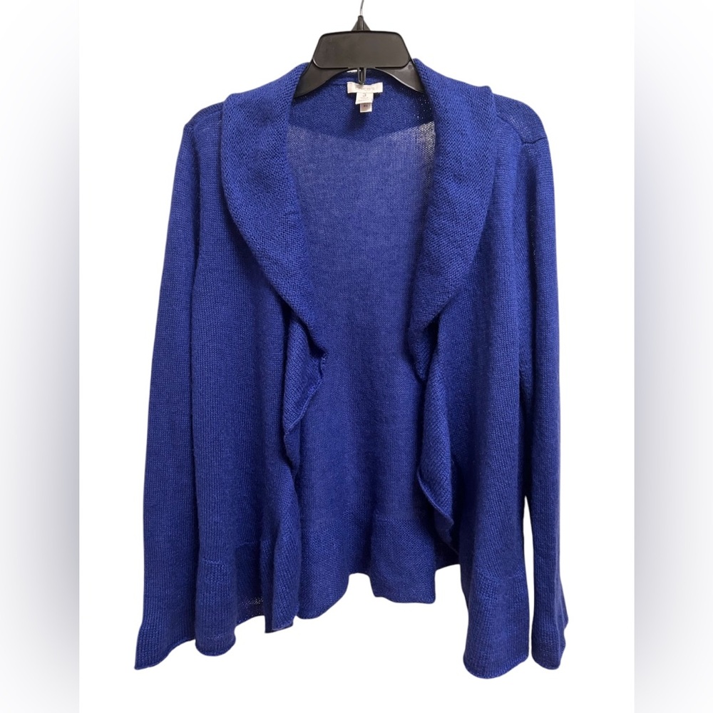 Chico's Blue Open Front Ruffle Drape Mohair Wool Blend Cardigan Feminine Sz3(XL)